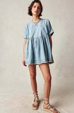 We The Free Denim Babydoll Peplum Top with Fringed Hem